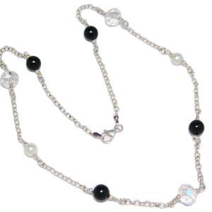 Rolo Chain Crystal Pearl Station Necklace Sterling